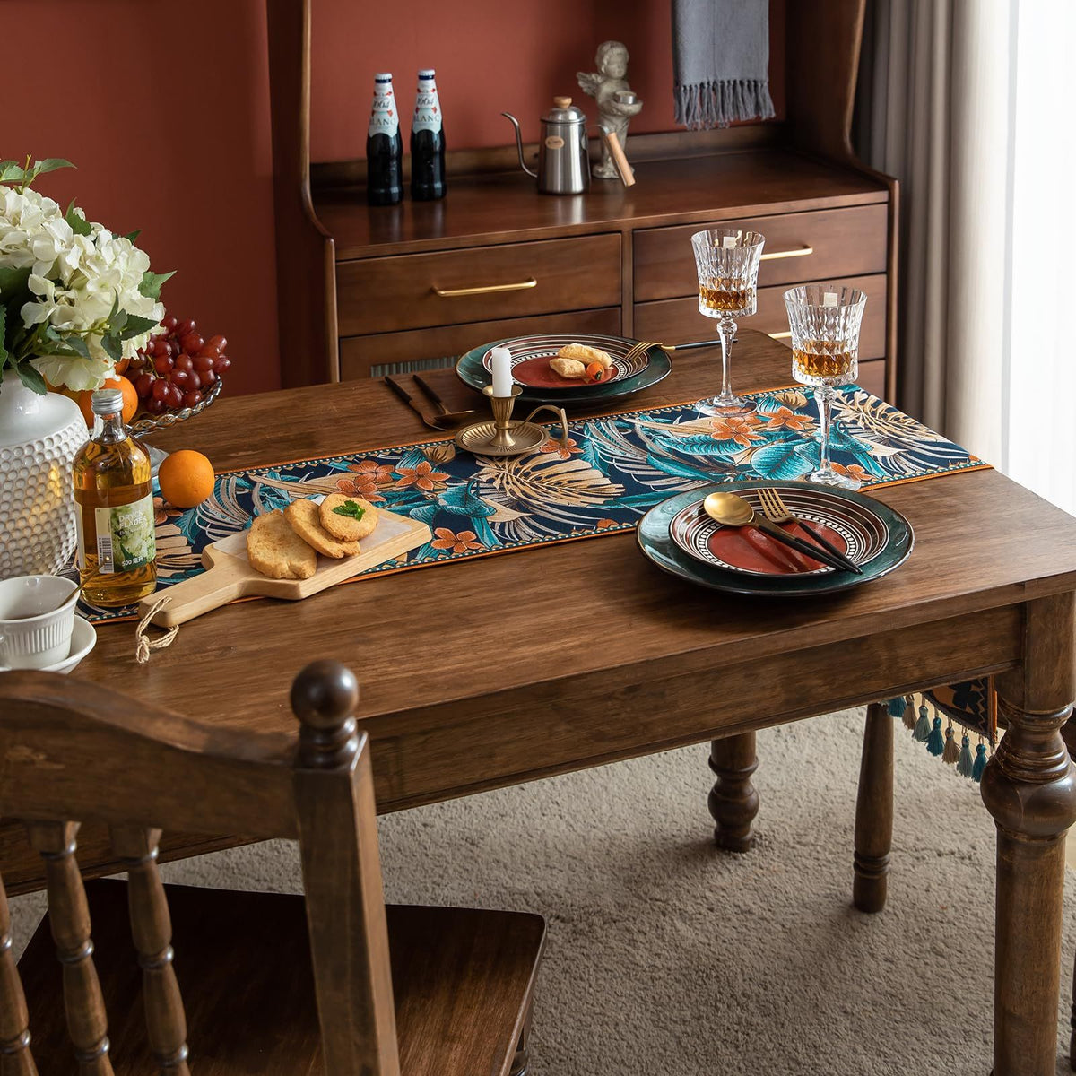 Luxury Thick Chenille Table Runner, Embroidery Jacquard Table Runners with Handmade Tassels for Dining Room Dresser Party