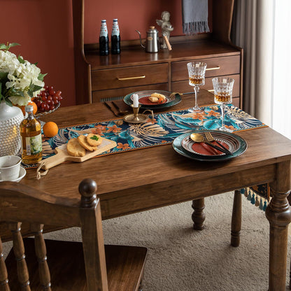 Luxury Thick Chenille Table Runner, Embroidery Jacquard Table Runners with Handmade Tassels for Dining Room Dresser Party