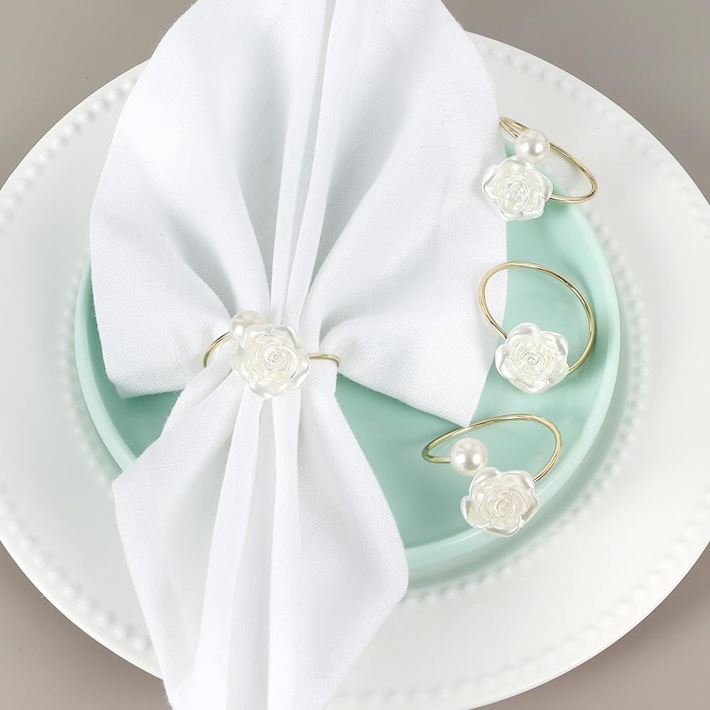 Pearl Flower Napkin Rings Set of 6, Flowers Dinning Table Setting Rustic Dinner Tables Decoration for Wedding Receptions,Christmas