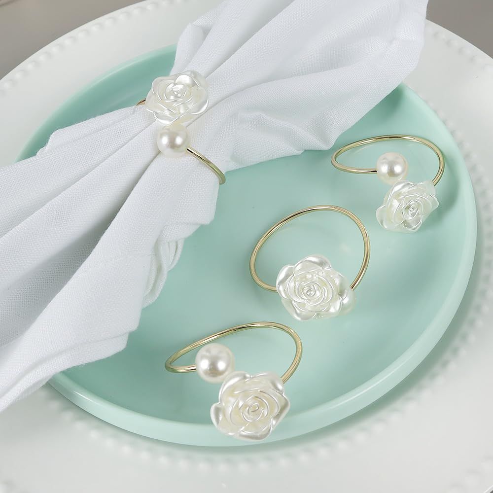 Pearl Flower Napkin Rings Set of 6, Flowers Dinning Table Setting Rustic Dinner Tables Decoration for Wedding Receptions,Christmas