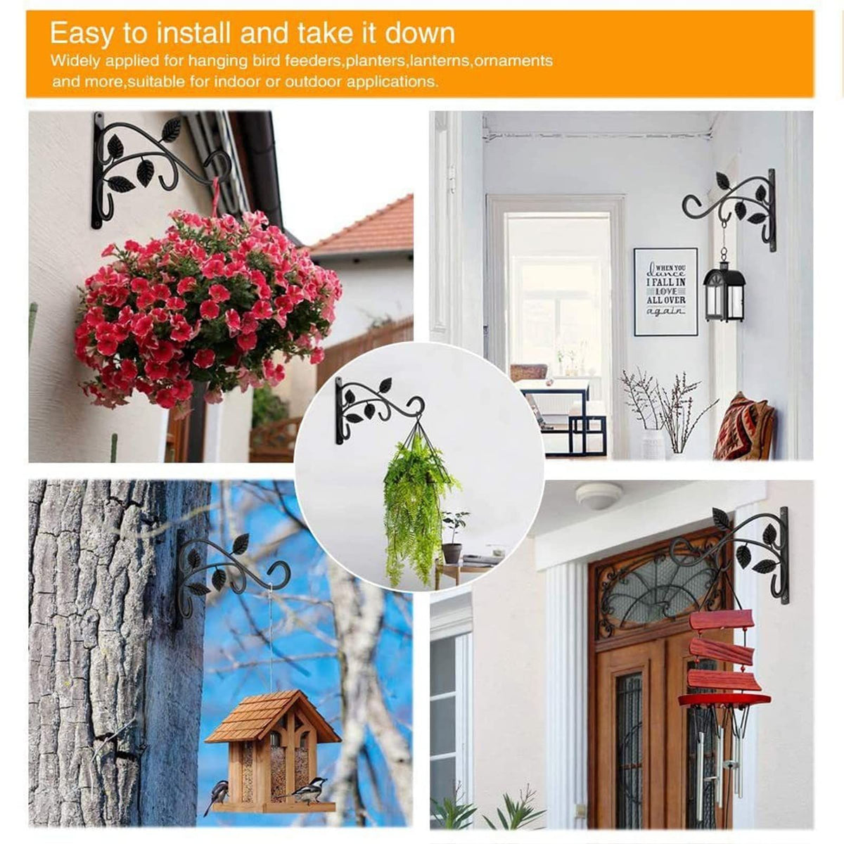 Hanging Basket Hooks, 2pcs Hanging Basket Bracket Heavy Duty Rust Resistant Durable Iron Art Outdoor Planter Hanger Hooks (Black)