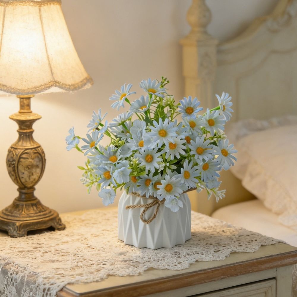 Artificial Chrysanthemum Flower Arrangement - Fake Silk Plants Bouquet in Pot for Home Decor - Living Room Dining Table Office Shelf Desk Ornament - No Maintenance Faux Potted Plants Set with Vase
