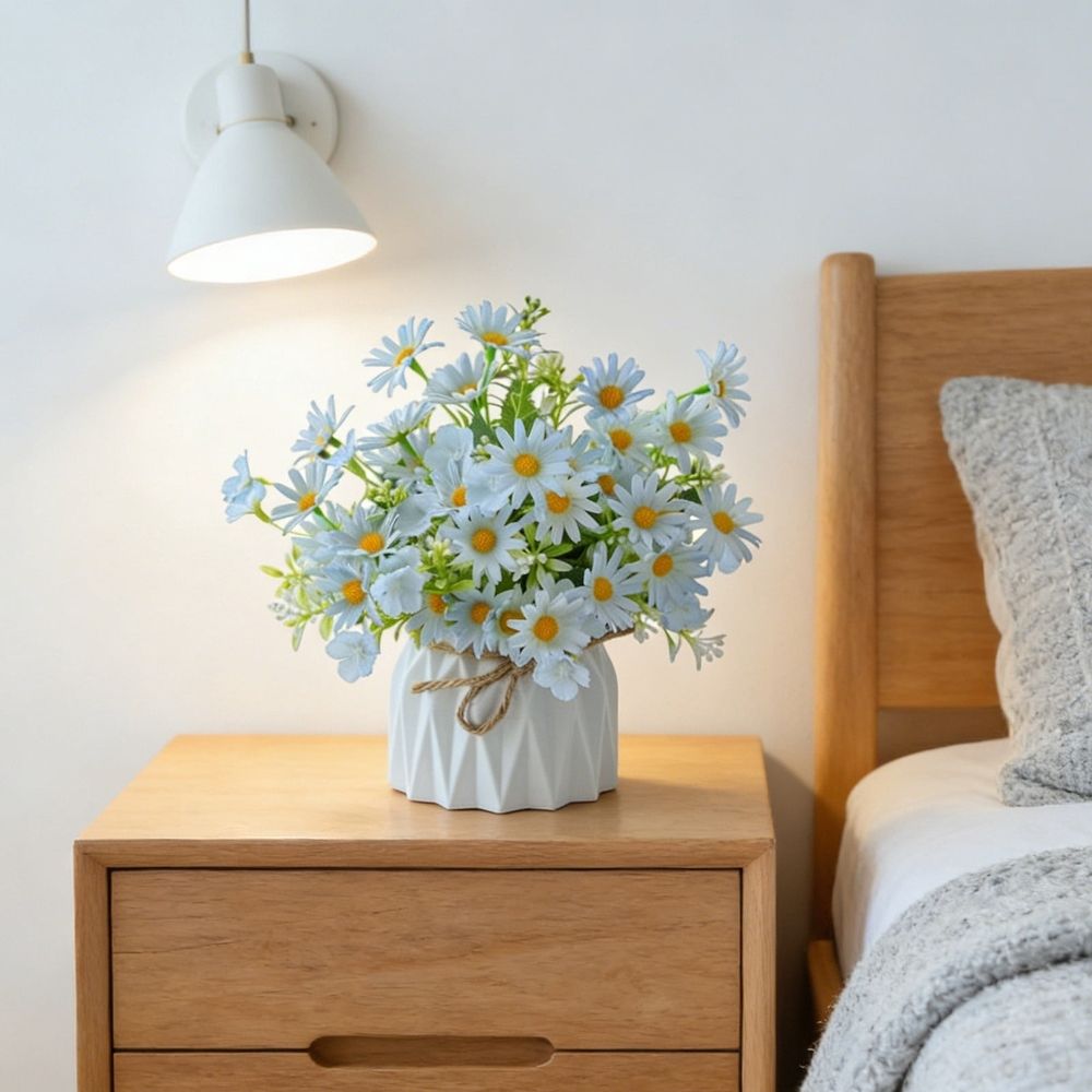 Artificial Chrysanthemum Flower Arrangement - Fake Silk Plants Bouquet in Pot for Home Decor - Living Room Dining Table Office Shelf Desk Ornament - No Maintenance Faux Potted Plants Set with Vase