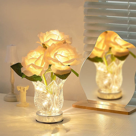 Rose Table Lamp with Glass Vase | Battery Operated LED Artificial Flower Lamp for Bedroom | Romantic Birthday Gift for Her | 1 Piece
