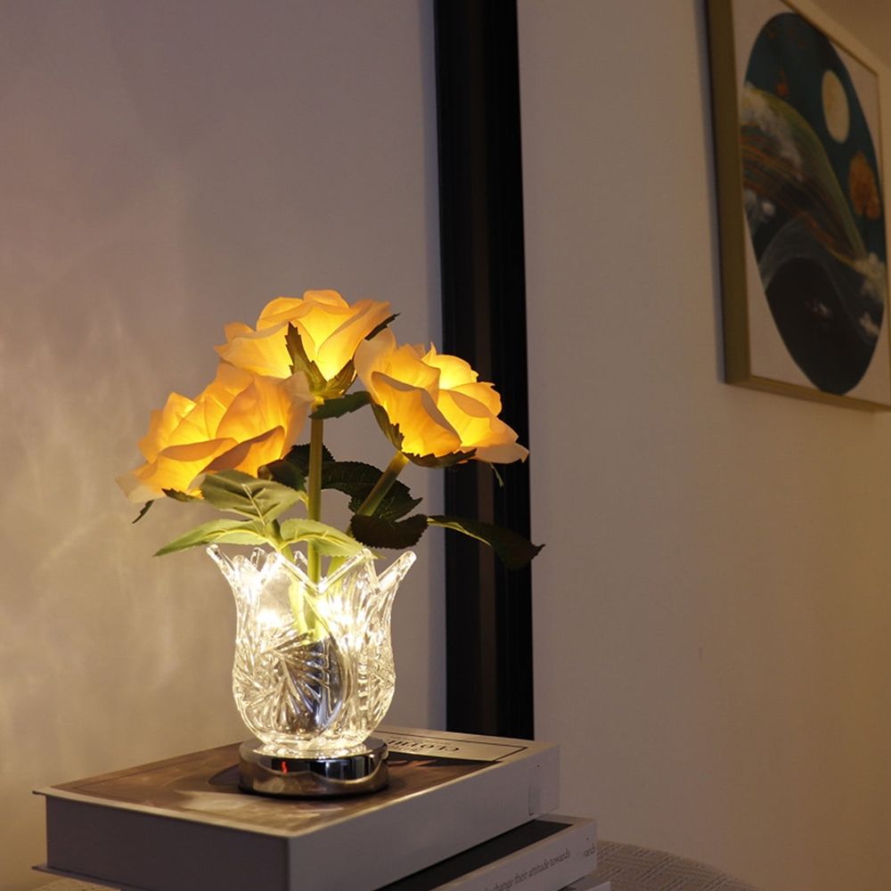 Rose Table Lamp with Glass Vase | Battery Operated LED Artificial Flower Lamp for Bedroom | Romantic Birthday Gift for Her | 1 Piece