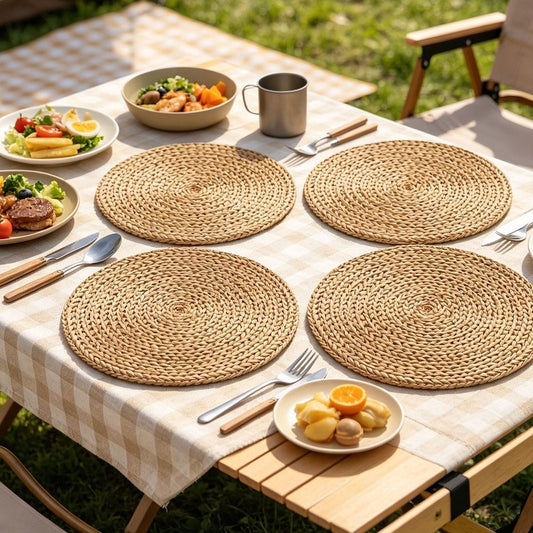 Round Woven Placemats Set of 4, 15in Boho Farmhouse Rustic Woven Place Mats for Kitchen Dining Party Table Decor, Rattan Wicker Table Mats Jute Braided Chargers for Dinner Plates