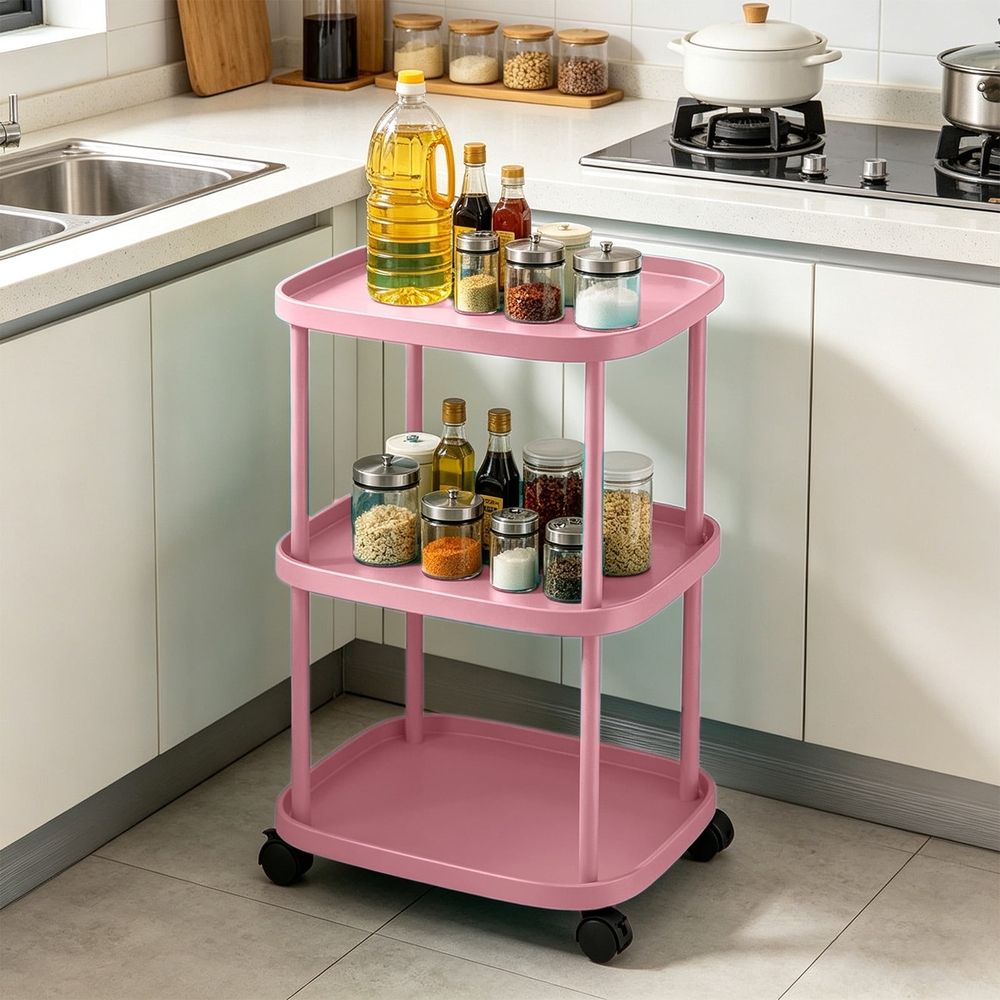 3-Tier Rolling Storage Cart with Wheels & Brakes, Multifunctional Utility Organizer Cart, Mobile Shelving Unit for Kitchen, Bathroom, Laundry, Bedroom & Office, Pink
