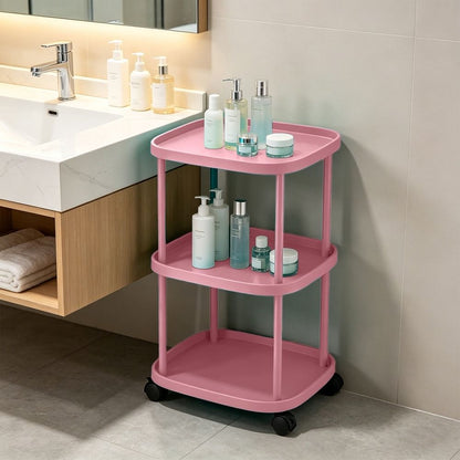 3-Tier Rolling Storage Cart with Wheels & Brakes, Multifunctional Utility Organizer Cart, Mobile Shelving Unit for Kitchen, Bathroom, Laundry, Bedroom & Office, Pink