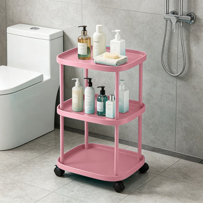 3-Tier Rolling Storage Cart with Wheels & Brakes, Multifunctional Utility Organizer Cart, Mobile Shelving Unit for Kitchen, Bathroom, Laundry, Bedroom & Office, Pink