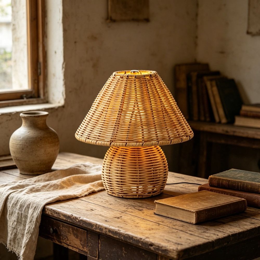 9" Rattan Portable Lamp, USB Rechargeable Cordless Wicker Desk Lamp with Dimmable LED, Boho Design Table Lamp for Home, Patio & Camping
