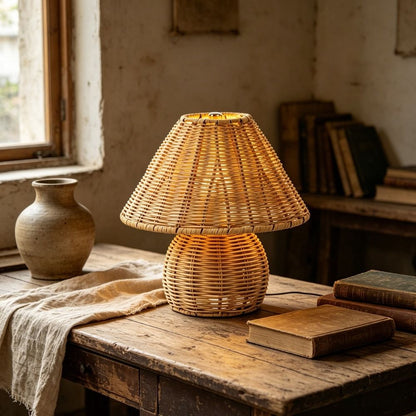 9" Rattan Portable Lamp, USB Rechargeable Cordless Wicker Desk Lamp with Dimmable LED, Boho Design Table Lamp for Home, Patio & Camping