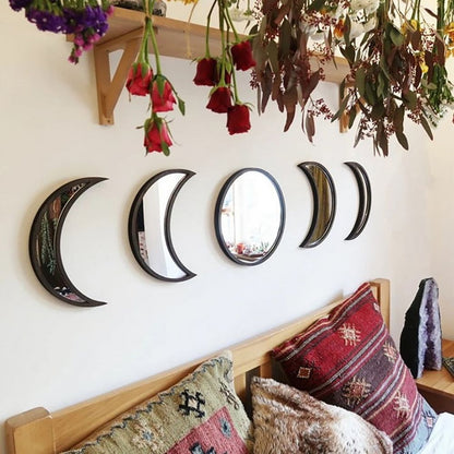 Wooden Frame Acrylic Mirror Set Nordic Style Phase Moon Wall Decor with Round and Crescent Shapes for Bedroom Living Room 10.4 Inch