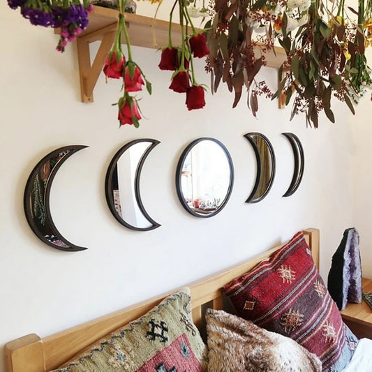 Wooden Frame Acrylic Mirror Set Nordic Style Phase Moon Wall Decor with Round and Crescent Shapes for Bedroom Living Room 10.4 Inch