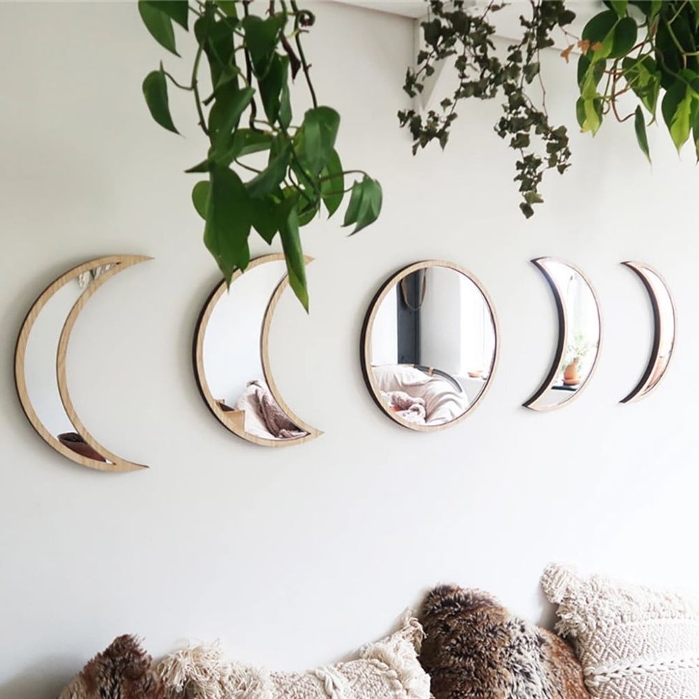 Wooden Frame Acrylic Mirror Set Nordic Style Phase Moon Wall Decor with Round and Crescent Shapes for Bedroom Living Room 10.4 Inch