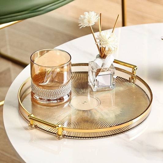 Fashion Round Serving Tray with Detachable Handles Transparent Plastic Decorative Tray for Coffee Table Tea Cups Dessert Storage 11.7in 4 Colors