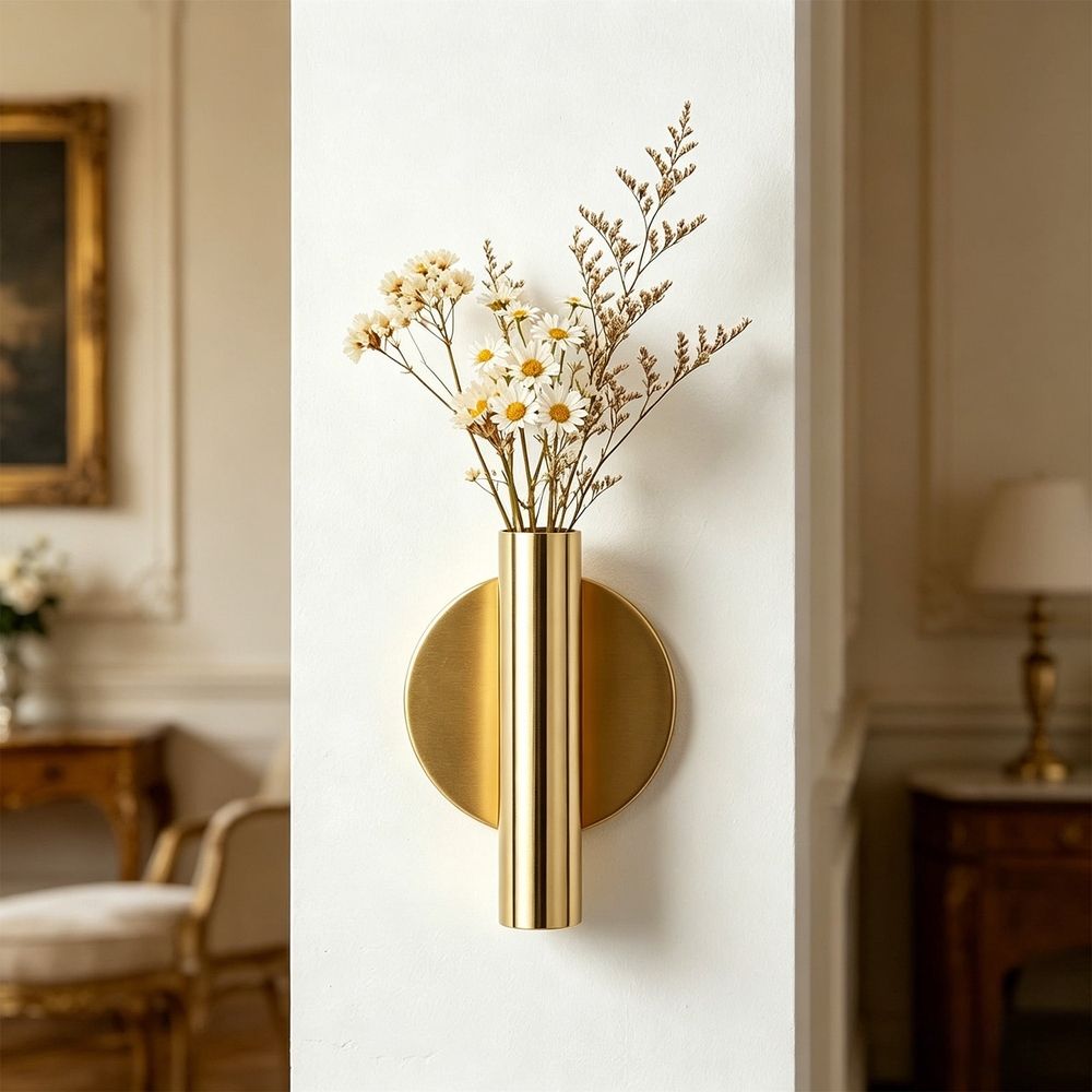Champagne Gold Metal Wall Vase for Dried Flowers Grass or Faux Plants, Modern Home Decor for Living Room Bedroom Office Wall Art, 4.25x2.36x0.787in