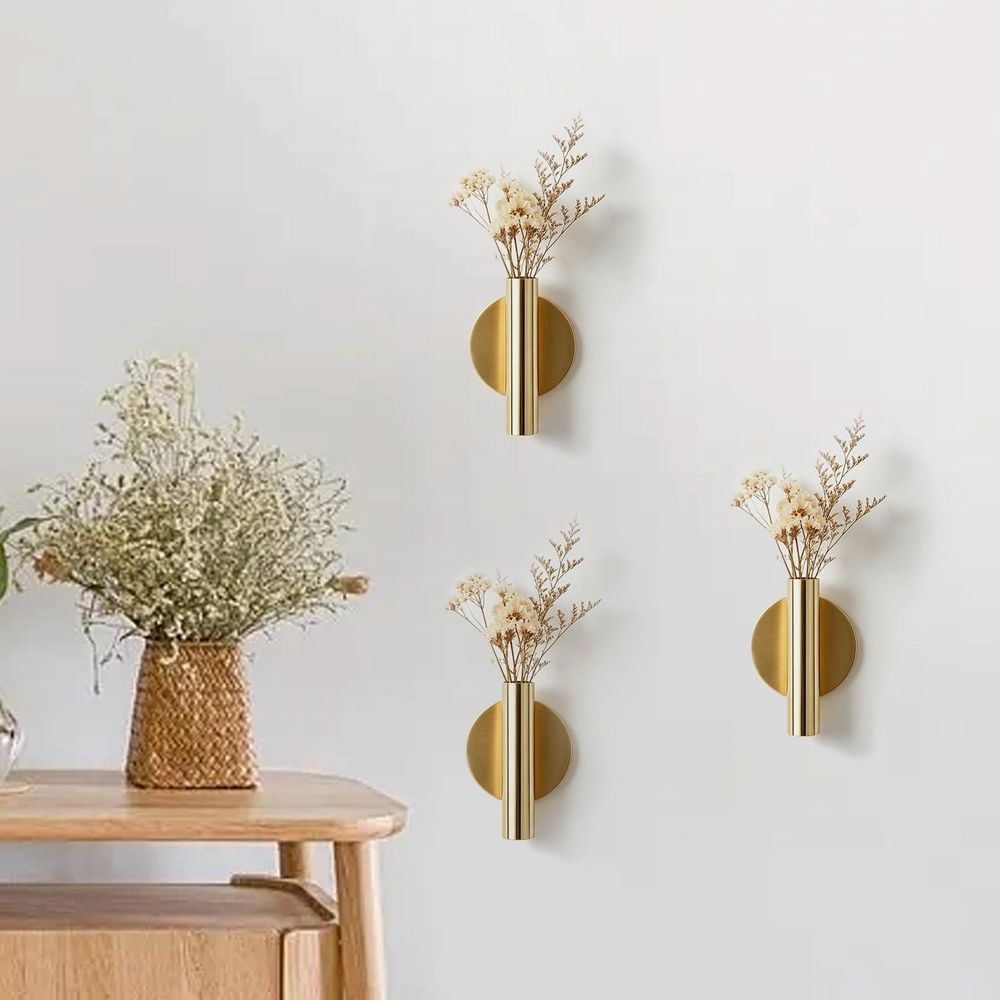 Champagne Gold Metal Wall Vase for Dried Flowers Grass or Faux Plants, Modern Home Decor for Living Room Bedroom Office Wall Art, 4.25x2.36x0.787in