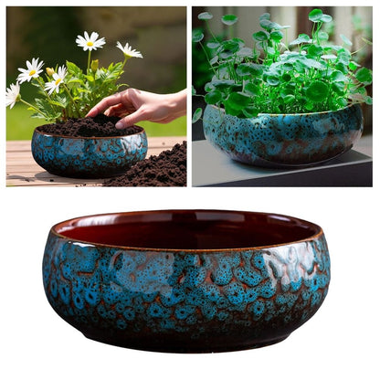 Lotus Bowl Planter â\x80\x93 Glazed Ceramic Water Pot for Indoor Outdoor Use, Shallow Hydroponic Vase for Lotus Seeds, Succulents, Bonsai, Water Lily Arrangement (Blue)