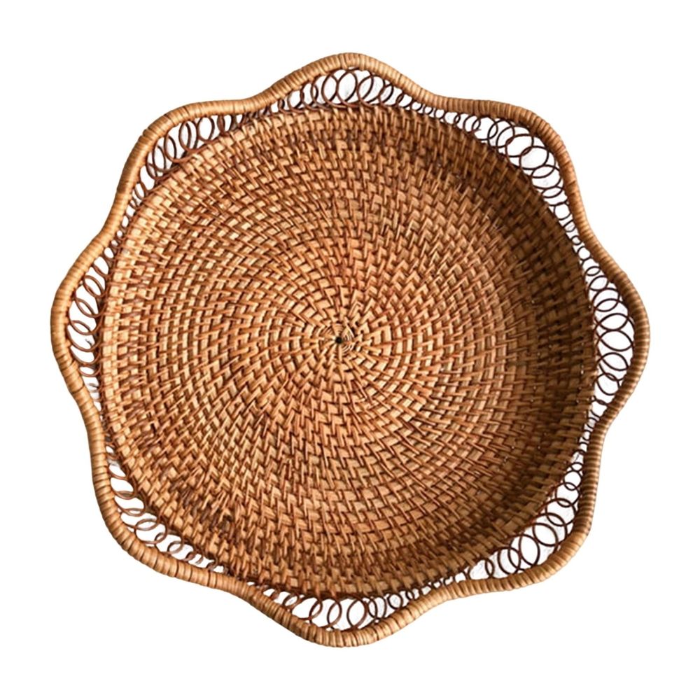 Woven Fruit Basket Bowl, Decorative Rattan Storage Organizer for Kitchen Counter, Sturdy Wicker Serving Tray with Scalloped Edge, Bread Snack Holder for Dining Room Decor, 9.1x9.1x2.4in