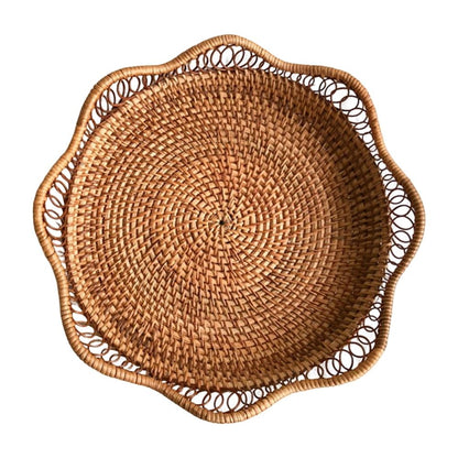 Woven Fruit Basket Bowl, Decorative Rattan Storage Organizer for Kitchen Counter, Sturdy Wicker Serving Tray with Scalloped Edge, Bread Snack Holder for Dining Room Decor, 9.1x9.1x2.4in
