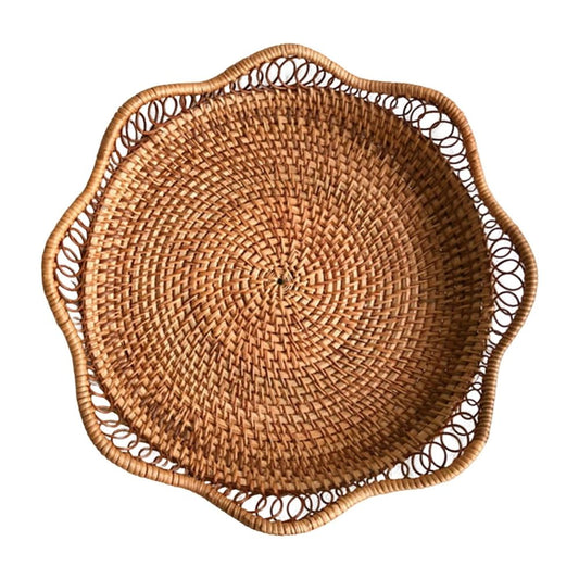 Woven Fruit Basket Bowl, Decorative Rattan Storage Organizer for Kitchen Counter, Sturdy Wicker Serving Tray with Scalloped Edge, Bread Snack Holder for Dining Room Decor, 9.1x9.1x2.4in