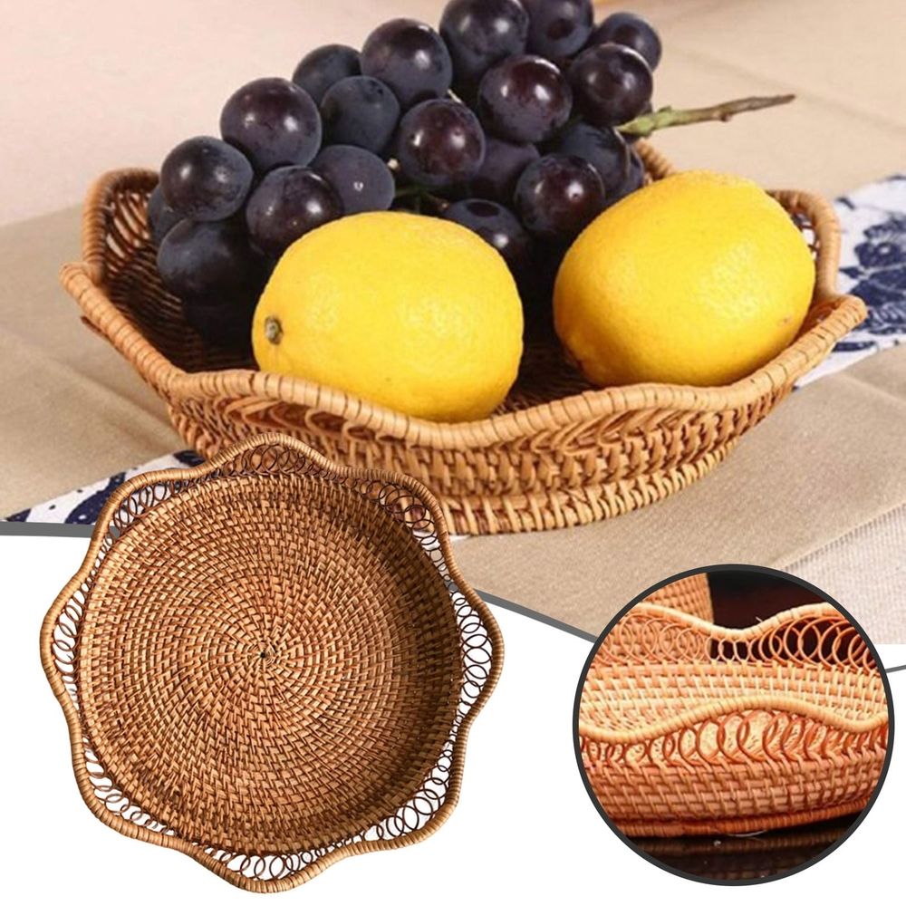 Woven Fruit Basket Bowl, Decorative Rattan Storage Organizer for Kitchen Counter, Sturdy Wicker Serving Tray with Scalloped Edge, Bread Snack Holder for Dining Room Decor, 9.1x9.1x2.4in