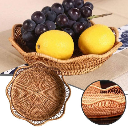 Woven Fruit Basket Bowl, Decorative Rattan Storage Organizer for Kitchen Counter, Sturdy Wicker Serving Tray with Scalloped Edge, Bread Snack Holder for Dining Room Decor, 9.1x9.1x2.4in