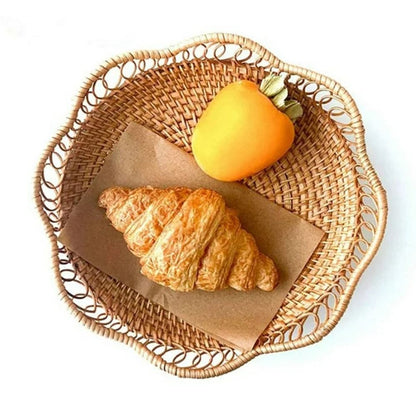 Woven Fruit Basket Bowl, Decorative Rattan Storage Organizer for Kitchen Counter, Sturdy Wicker Serving Tray with Scalloped Edge, Bread Snack Holder for Dining Room Decor, 9.1x9.1x2.4in