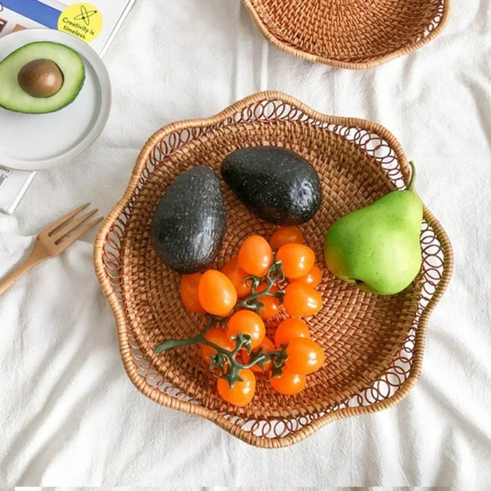 Woven Fruit Basket Bowl, Decorative Rattan Storage Organizer for Kitchen Counter, Sturdy Wicker Serving Tray with Scalloped Edge, Bread Snack Holder for Dining Room Decor, 9.1x9.1x2.4in