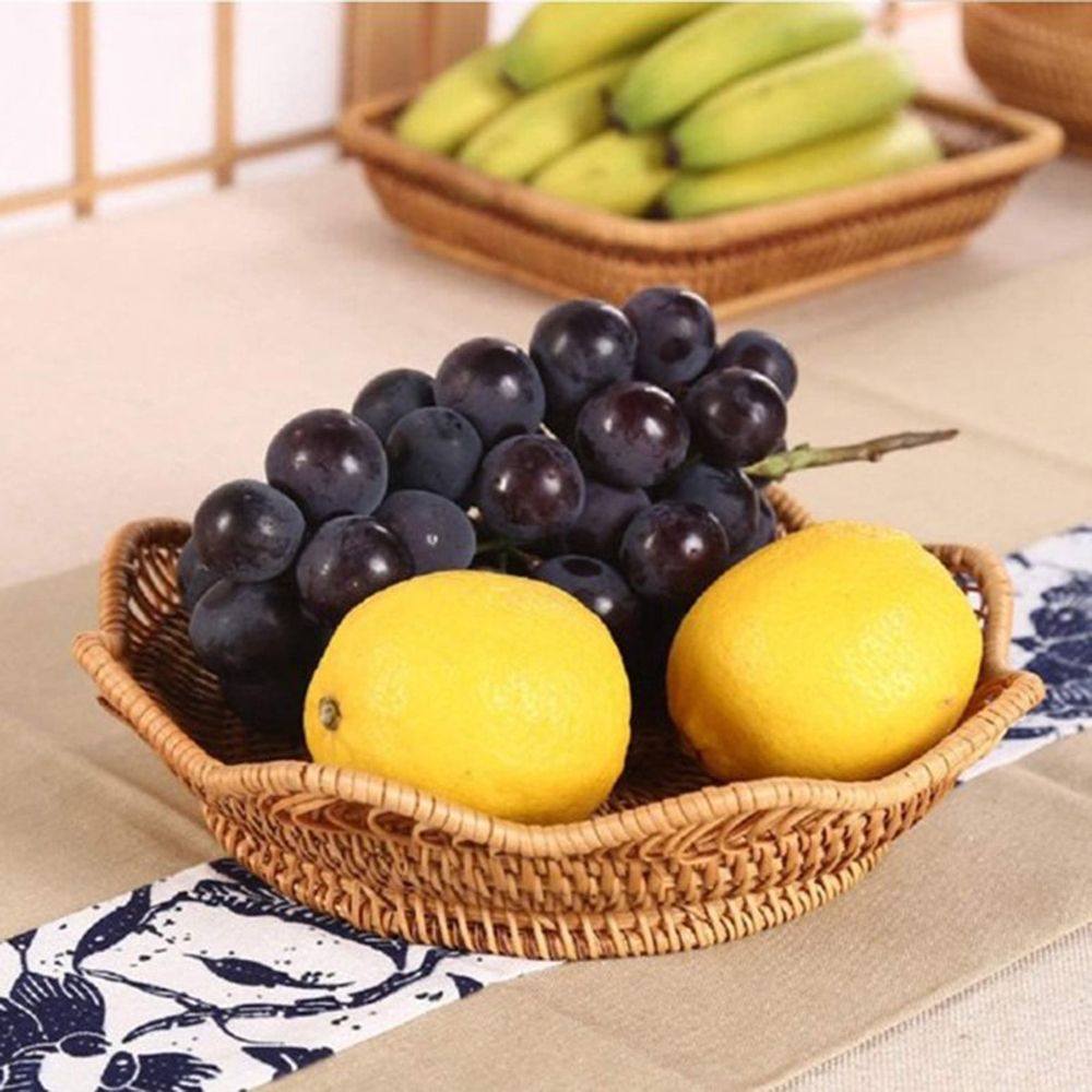 Woven Fruit Basket Bowl, Decorative Rattan Storage Organizer for Kitchen Counter, Sturdy Wicker Serving Tray with Scalloped Edge, Bread Snack Holder for Dining Room Decor, 9.1x9.1x2.4in