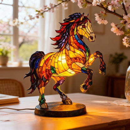 Stained Glass Style Horse Resin LED Table Night Lamp Soft Warm Glow Bedside Decor Light, Bedroom Nursery Ambient LighMetal canisterg Matching Night Light And Table Lamp Home Decor Supply Sets