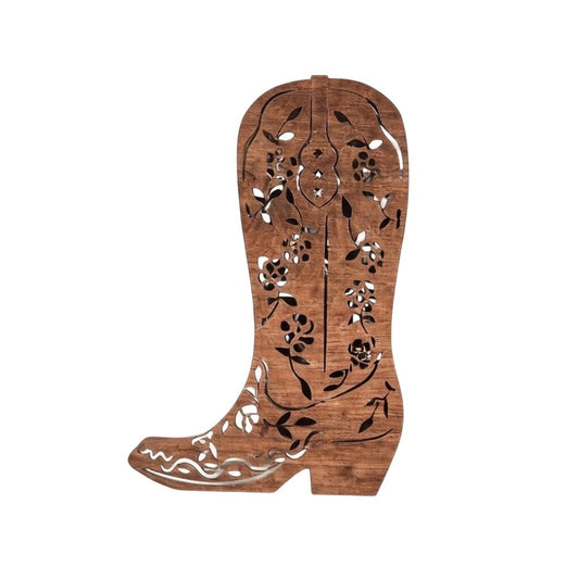 Hollow Out Wooden Cowboy Boot Floraer Vase, Western Farmhouse Multi Use Tabletop Decor For Succulent Dried Flower Arrangement
