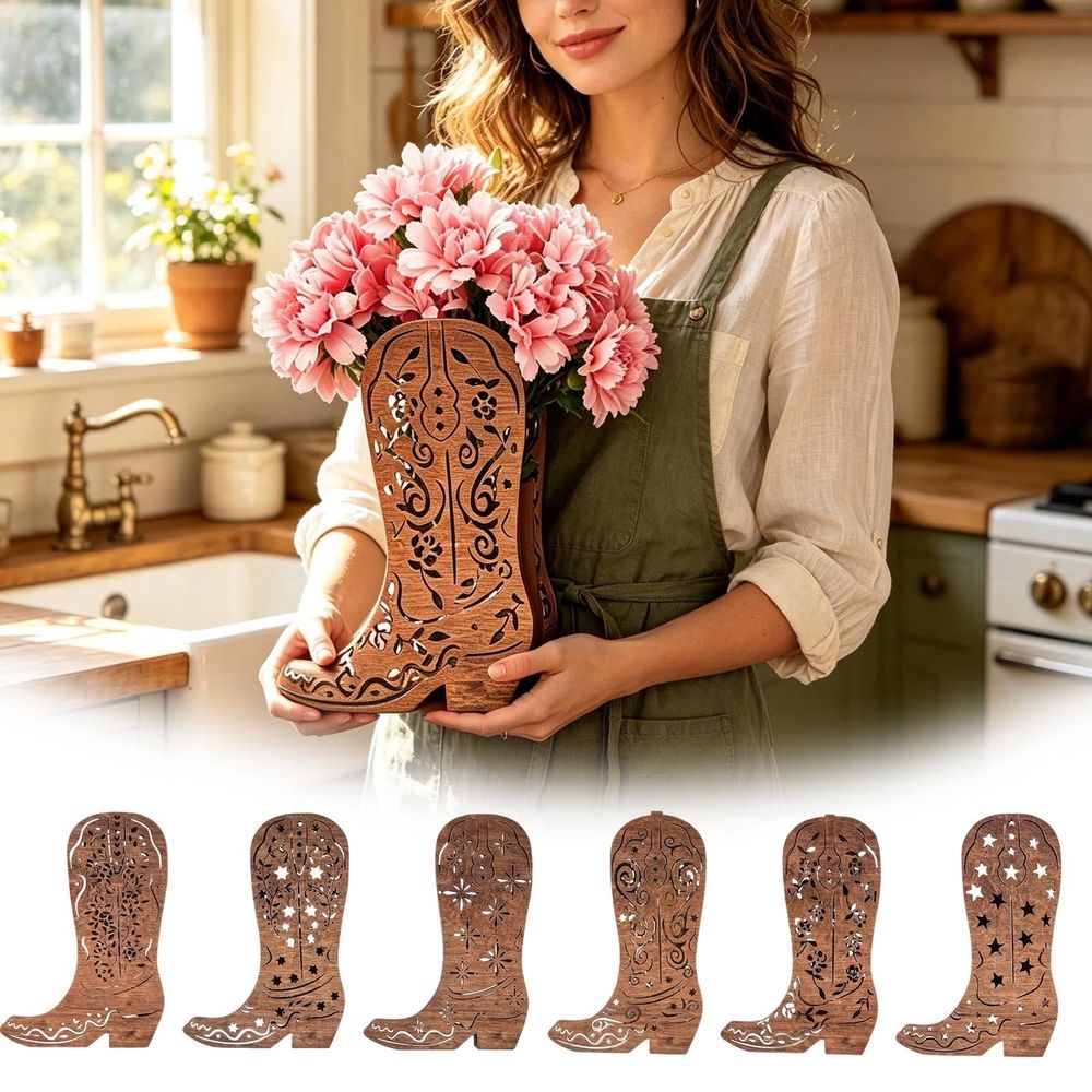 Cut Shape Wooden Cowboy Boot Vase, Rustic Western Farmhouse Tabletop Greeneryer Centerpiece For Home Party Decor