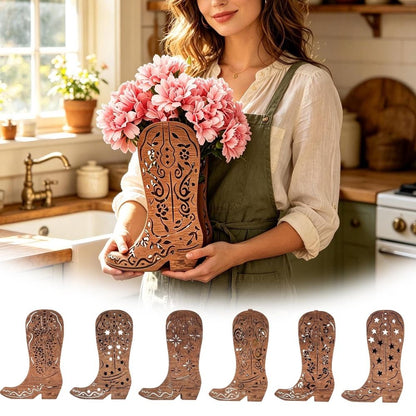Cut Shape Wooden Cowboy Boot Vase, Rustic Western Farmhouse Tabletop Greeneryer Centerpiece For Home Party Decor