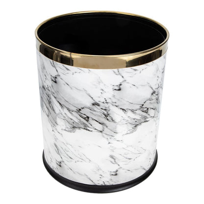 White Marble Trash Can with Marbling Design for Home Storage Compact Non Slip Base