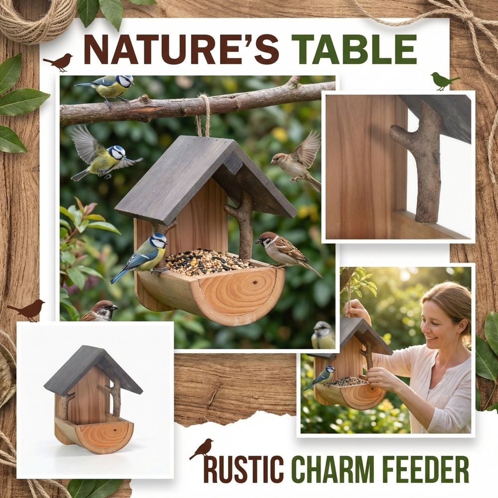 Wooden Bird Feeder Wall Mounted Creative Outdoor Ornament Large Capacity Weather Resistant Natural Wood Hanging Birdhouse for Garden Yard Wildlife Songbirds and Finches