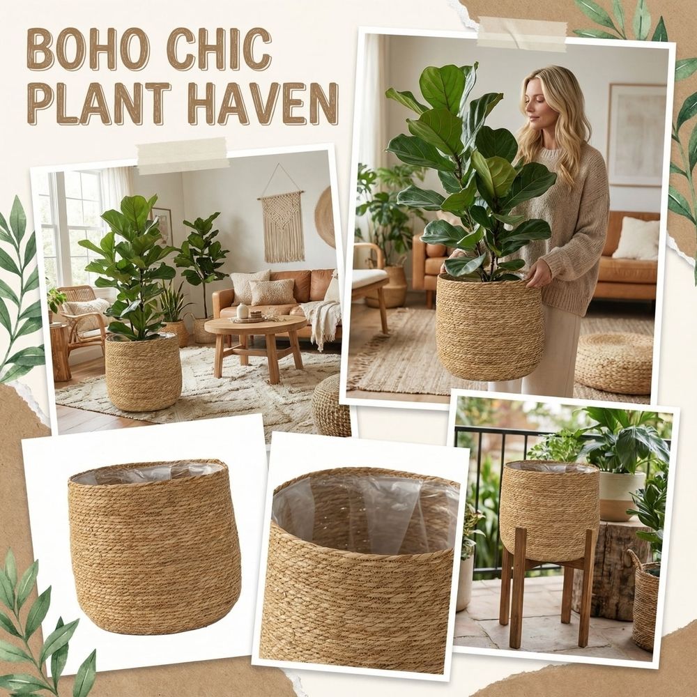 Natural Woven Rattan Plant Pot Cover and Decorative Flower Basket Breathable Grass Floor Standing Planter for Living Room Indoor Greenery and Patio Decor Rustic Style