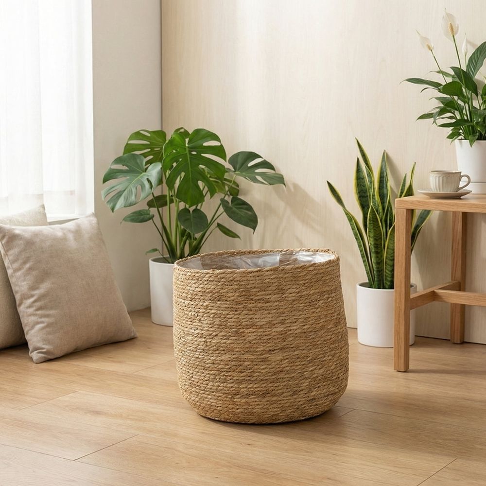Natural Woven Rattan Plant Pot Cover and Decorative Flower Basket Breathable Grass Floor Standing Planter for Living Room Indoor Greenery and Patio Decor Rustic Style