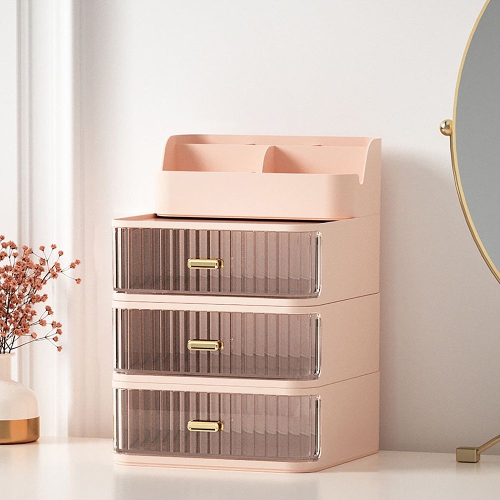 Makeup Organizer with 3 Large Drawers, Clear Rectangular Compartments for Brushes & Eyeshadow, Bathroom Vanity Storage
