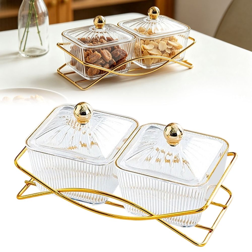 Divided Snack Tray Set with Stand, 2 Compartment Airtight Storage Containers with Lids for Candy, Nuts and Snacks