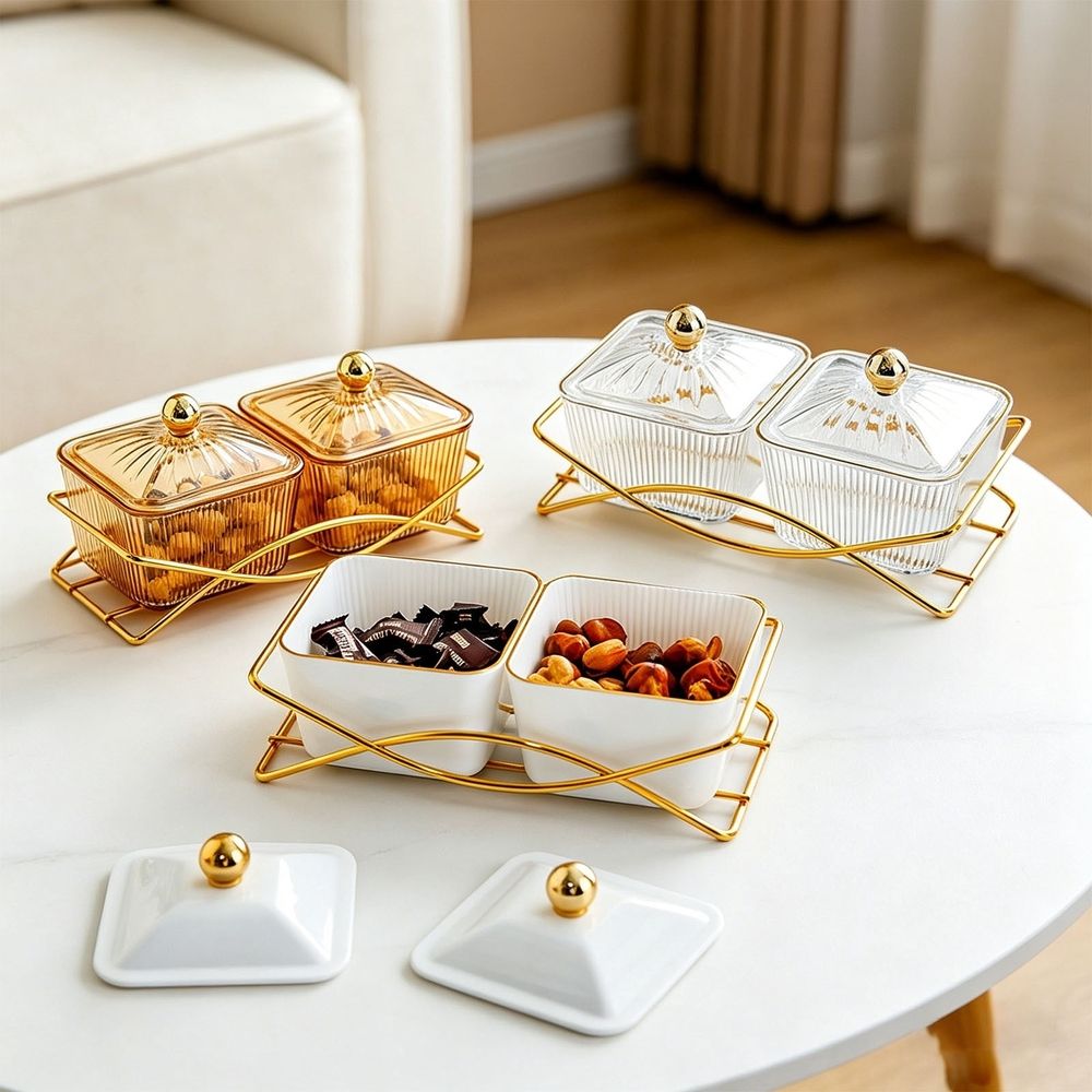 Divided Snack Tray Set with Stand, 2 Compartment Airtight Storage Containers with Lids for Candy, Nuts and Snacks