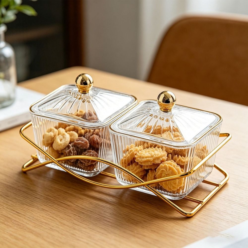 Divided Snack Tray Set with Stand, 2 Compartment Airtight Storage Containers with Lids for Candy, Nuts and Snacks