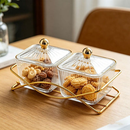 Divided Snack Tray Set with Stand, 2 Compartment Airtight Storage Containers with Lids for Candy, Nuts and Snacks