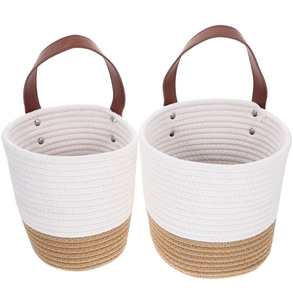 2Pcs White Hanging Woven Basket Wall Storage Basket with Pastoral Style Design