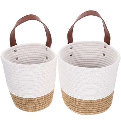 2Pcs White Hanging Woven Basket Wall Storage Basket with Pastoral Style Design