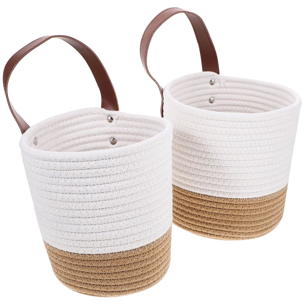 2Pcs White Hanging Woven Basket Wall Storage Basket with Pastoral Style Design