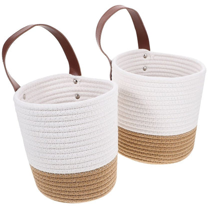 2Pcs White Hanging Woven Basket Wall Storage Basket with Pastoral Style Design