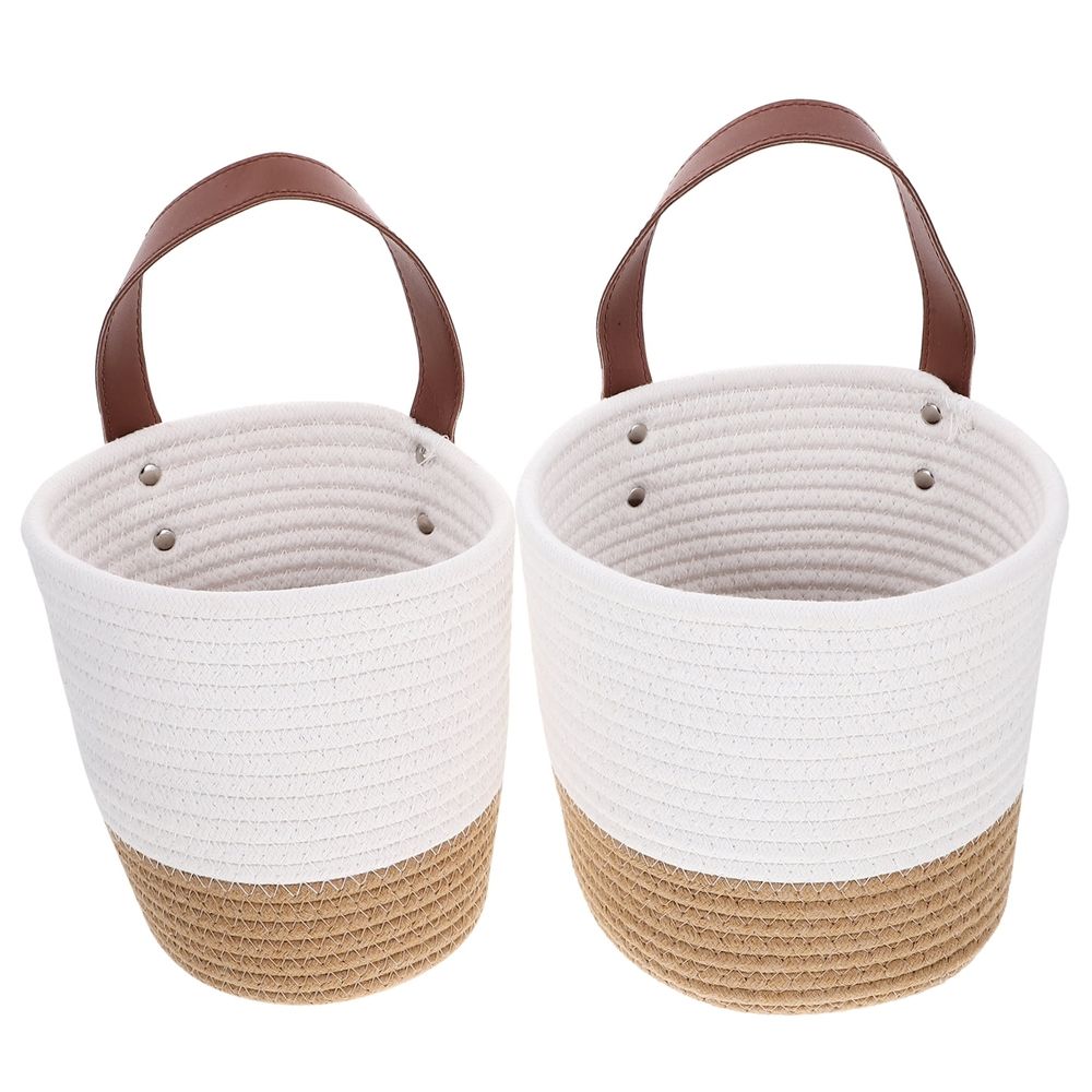 2Pcs White Hanging Woven Basket Wall Storage Basket with Pastoral Style Design