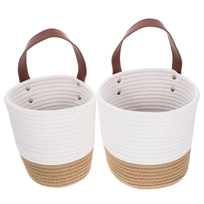 2Pcs White Hanging Woven Basket Wall Storage Basket with Pastoral Style Design