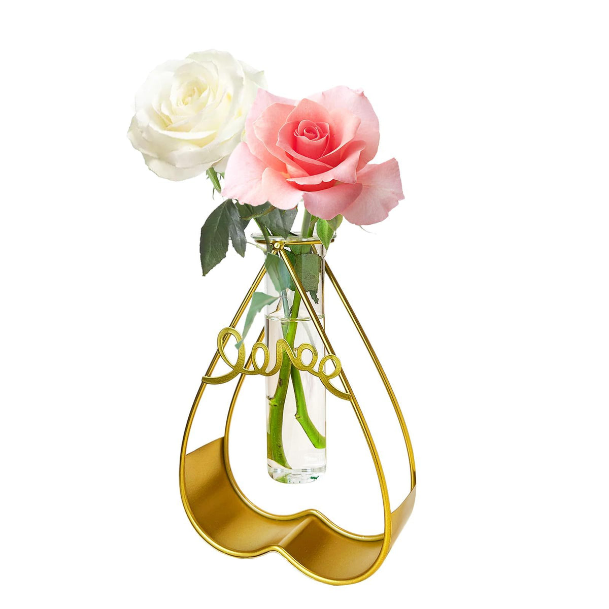 Cute Glass Flower Vase for Party Wedding Decorations,Geometric Decor Vase with Gold Test Tube Vase（Heart-Shaped）